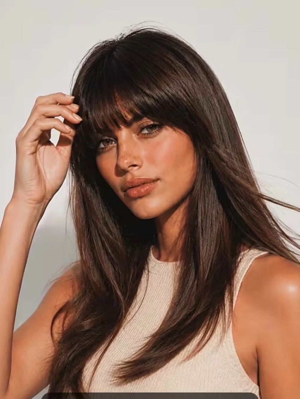 Classic Long Layered Wig with Blunt Bangs - Chocolate Brown